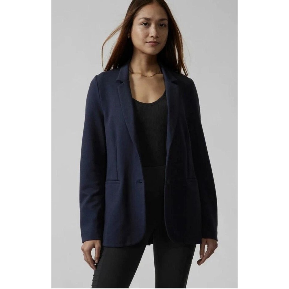 Athleta Venice Blazer Navy Blue Jacket Sz 12 Two Button Stretch Travel Work